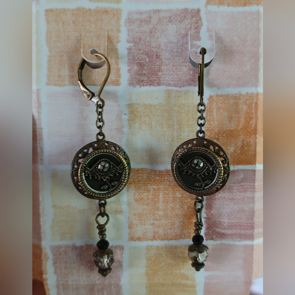 Antique Picture Button Earrings, Brass Button, Oxidized Brass, Victorian Boho